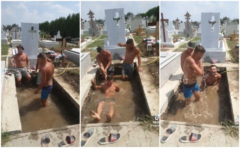 Video // Mormânt transformat în piscină. Trei gropari s-au filmat pe TikTok în timp ce se răcoresc în cimitir